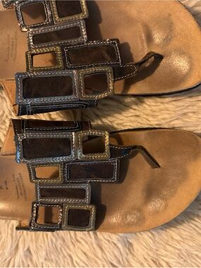Think! Brown Leather Slide Sandals with Stitched Detail